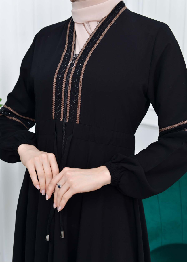 Waist Tunnel Zippered Embroidered Black Hijab Abaya 635 açık kahve