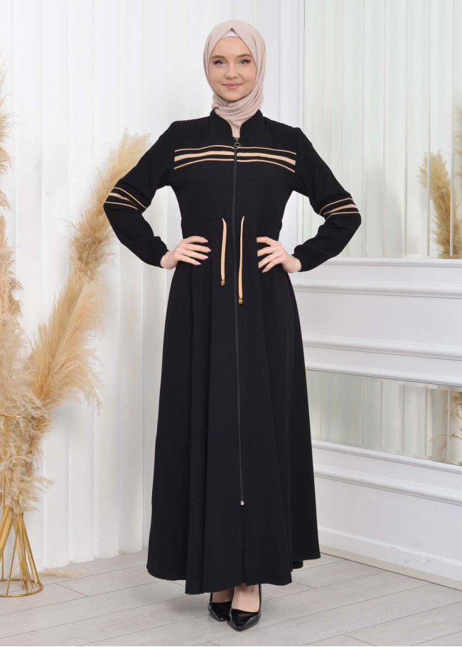 Waist Tunnel Zippered Black Hijab Abaya 620 Bej