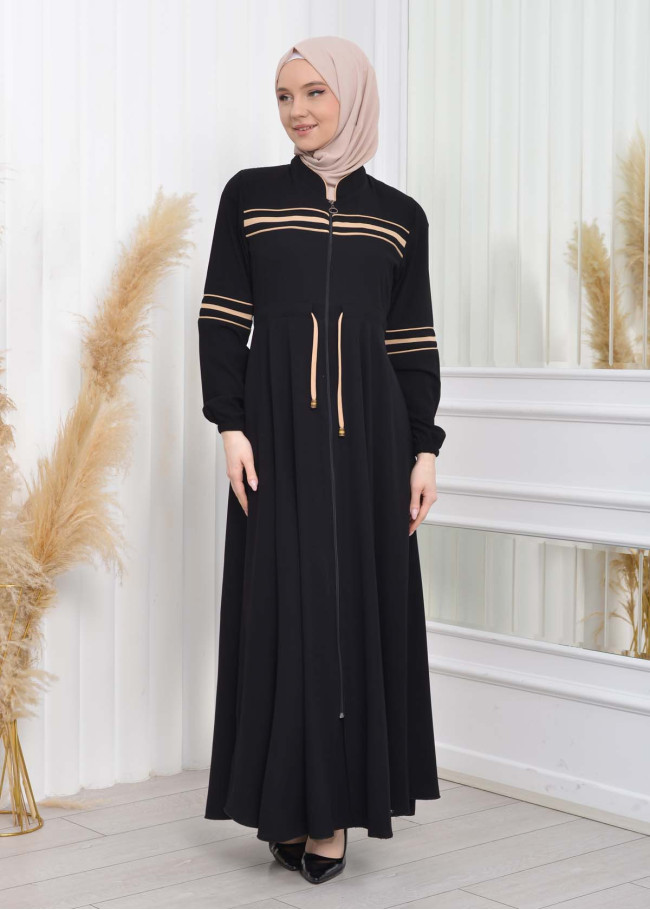 Waist Tunnel Zippered Black Hijab Abaya 620 Bej