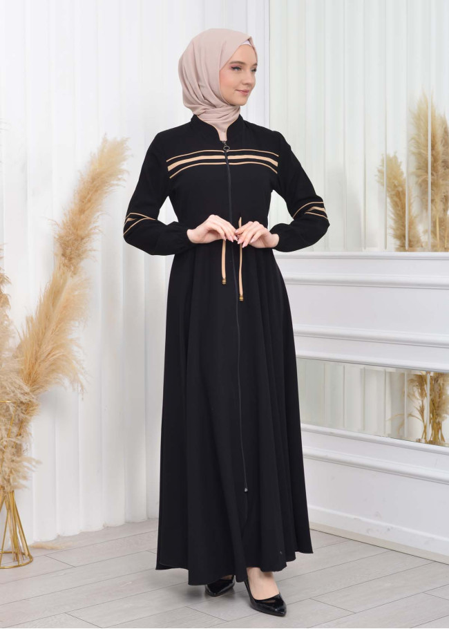 Waist Tunnel Zippered Black Hijab Abaya 620 Bej