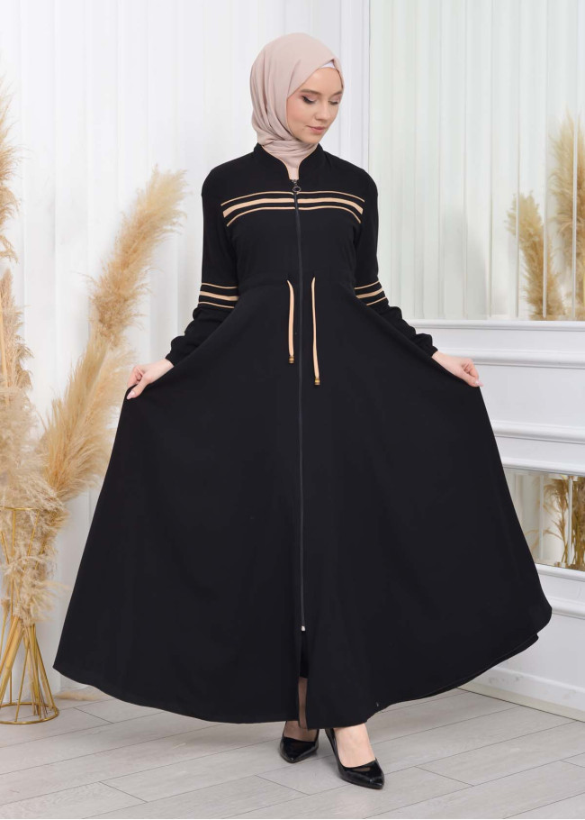 Waist Tunnel Zippered Black Hijab Abaya 620 Bej