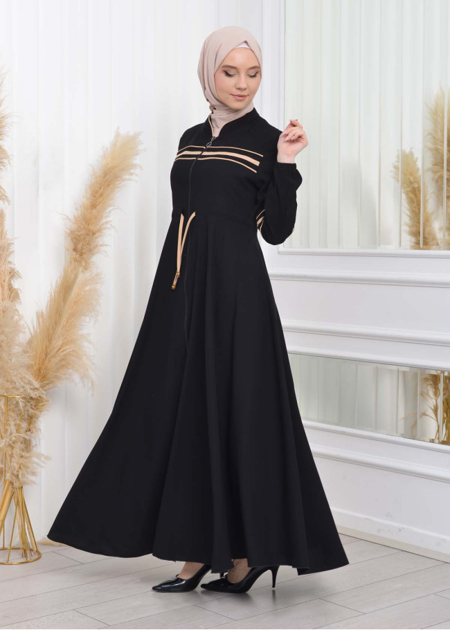 Waist Tunnel Zippered Black Hijab Abaya 620 Bej