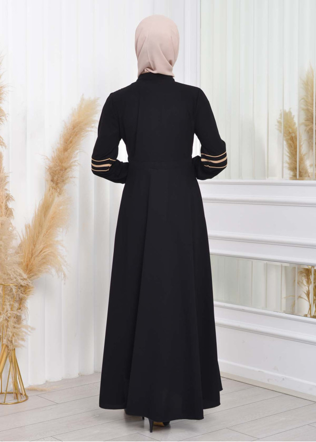 Waist Tunnel Zippered Black Hijab Abaya 620 Bej