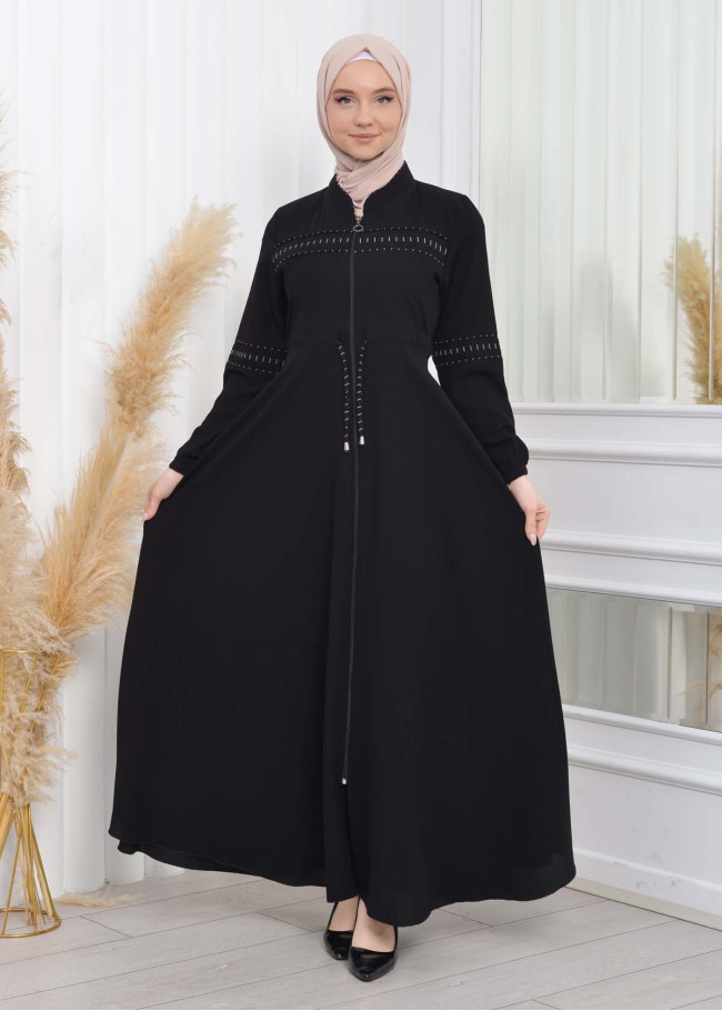 Waist Tunnel Zippered Black Hijab Abaya 620 Beyaz