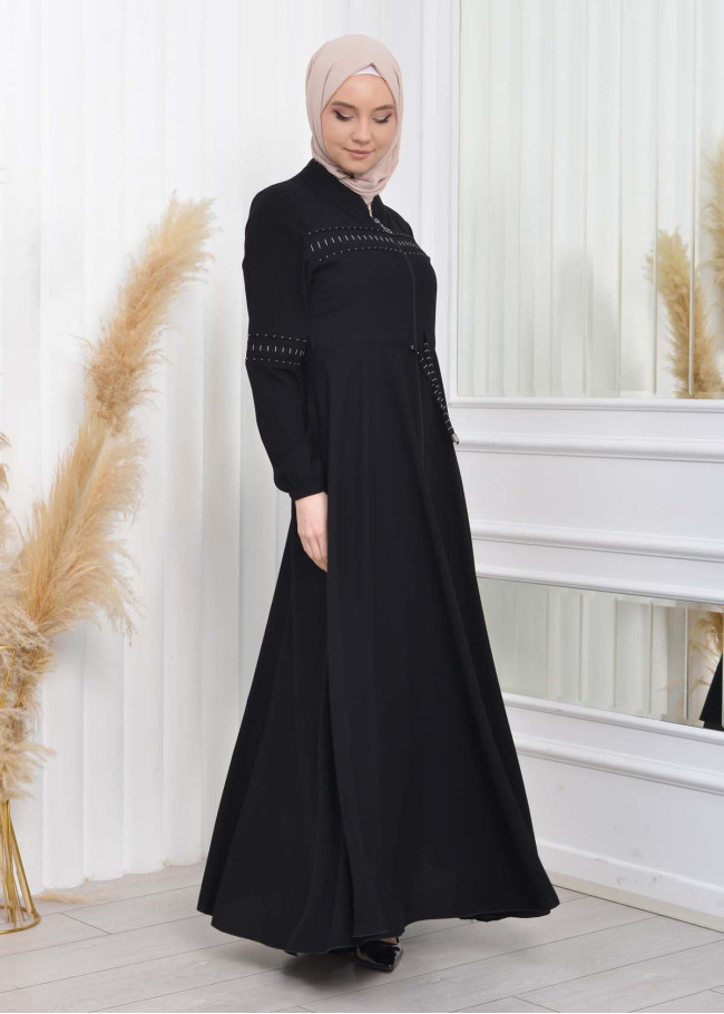 Waist Tunnel Zippered Black Hijab Abaya 620 Beyaz