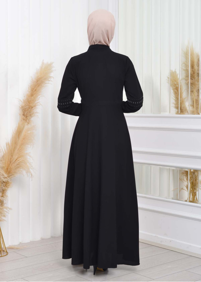 Waist Tunnel Zippered Black Hijab Abaya 620 Beyaz