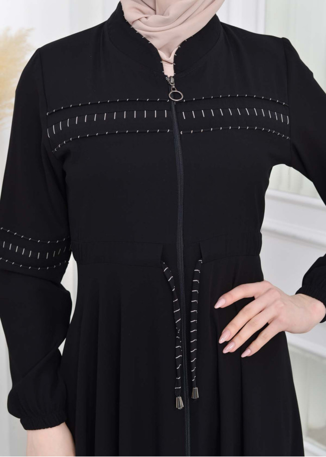 Waist Tunnel Zippered Black Hijab Abaya 620 Beyaz