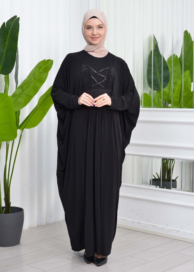 Beaded Lace Bat Sleeve Hijab Evening Dress Abaya 657 Siyah