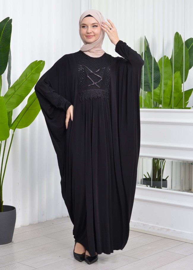 Beaded Lace Bat Sleeve Hijab Evening Dress Abaya 657 Siyah