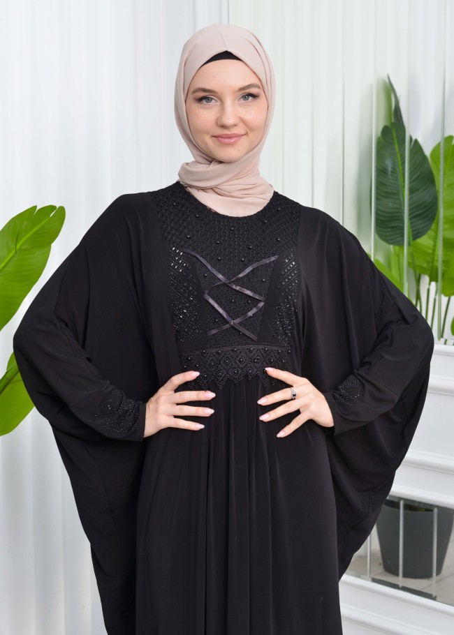 Beaded Lace Bat Sleeve Hijab Evening Dress Abaya 657 Siyah
