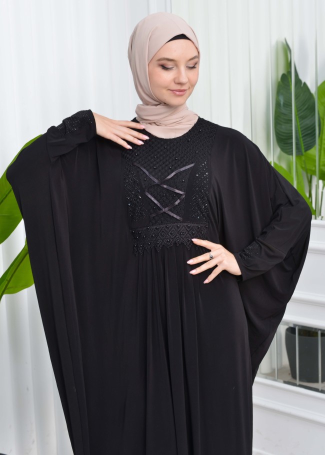 Beaded Lace Bat Sleeve Hijab Evening Dress Abaya 657 Siyah