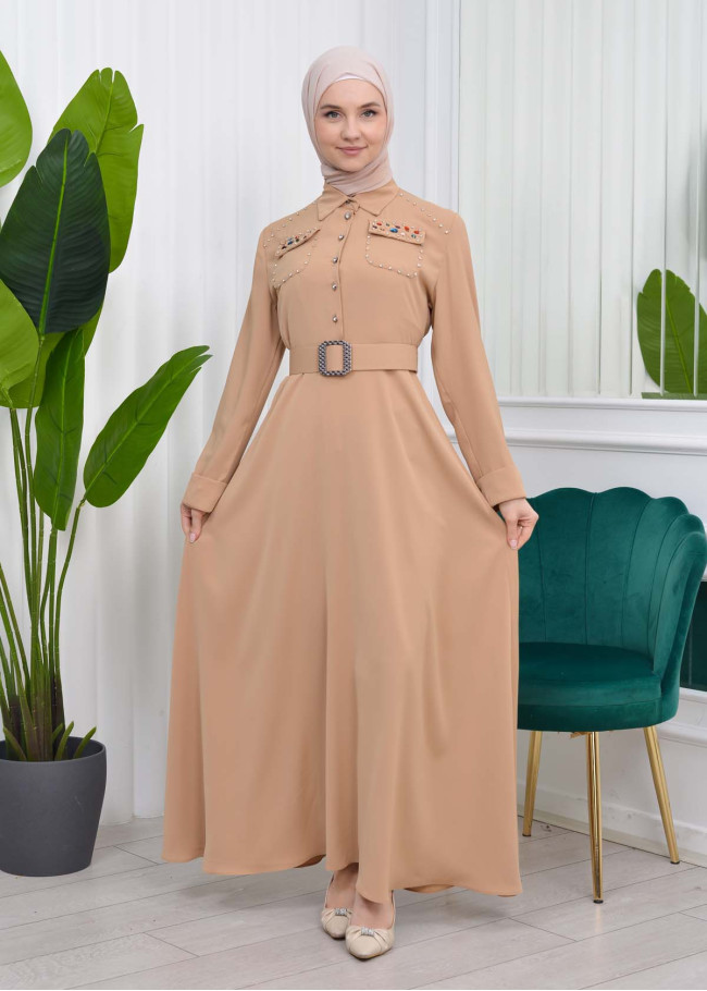 فستان سهرة للمحجبات مع حزام 4037 Bej