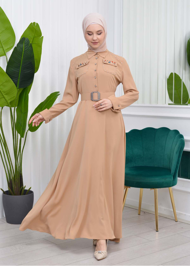 فستان سهرة للمحجبات مع حزام 4037 Bej