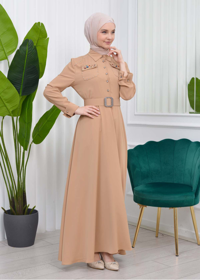 فستان سهرة للمحجبات مع حزام 4037 Bej