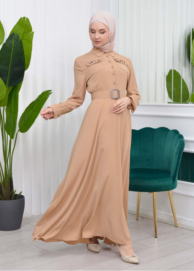 فستان سهرة للمحجبات مع حزام 4037 Bej