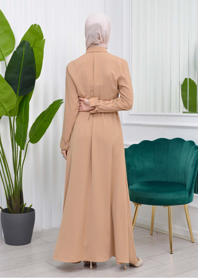 فستان سهرة للمحجبات مع حزام 4037 Bej