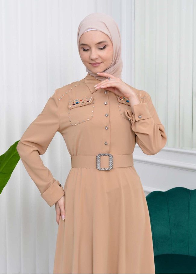 فستان سهرة للمحجبات مع حزام 4037 Bej
