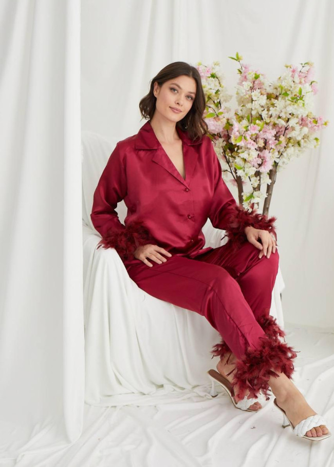 Burgundy Feather Elegance satin pijama 1090-1 - burgundy