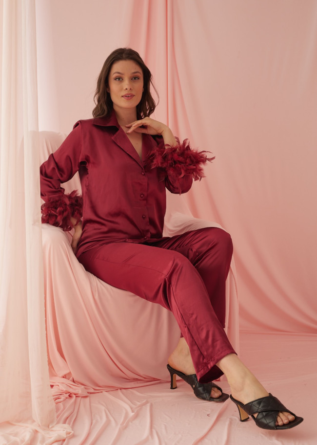 Burgundy Feather Elegance satin pijama 1090-1 - burgundy