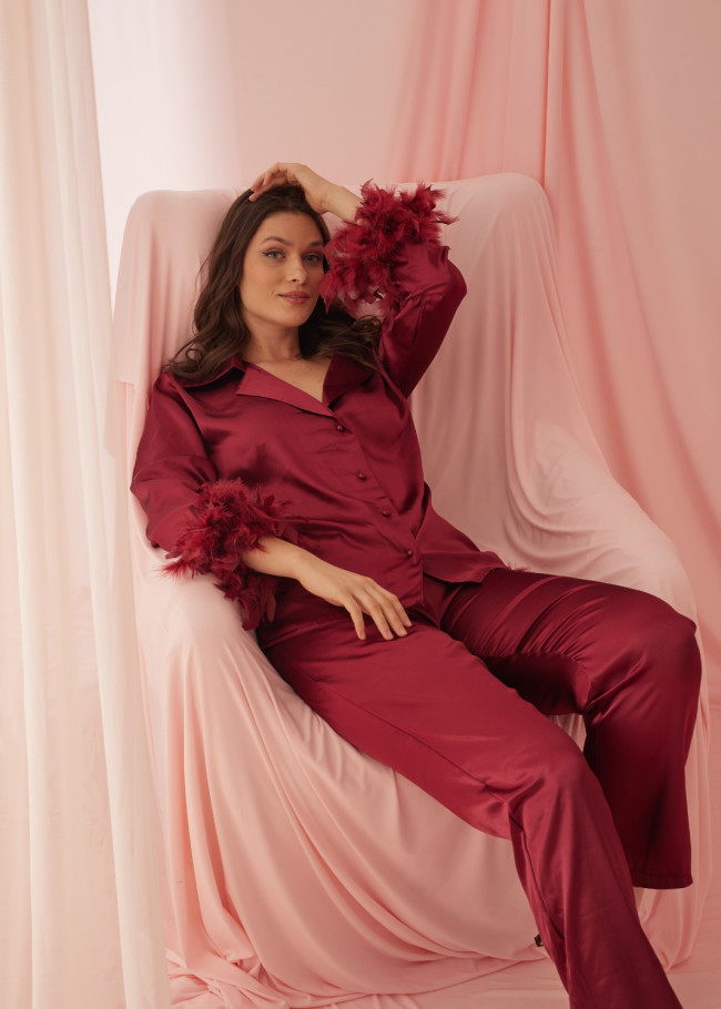 Burgundy Feather Elegance satin pijama 1090-1 - burgundy