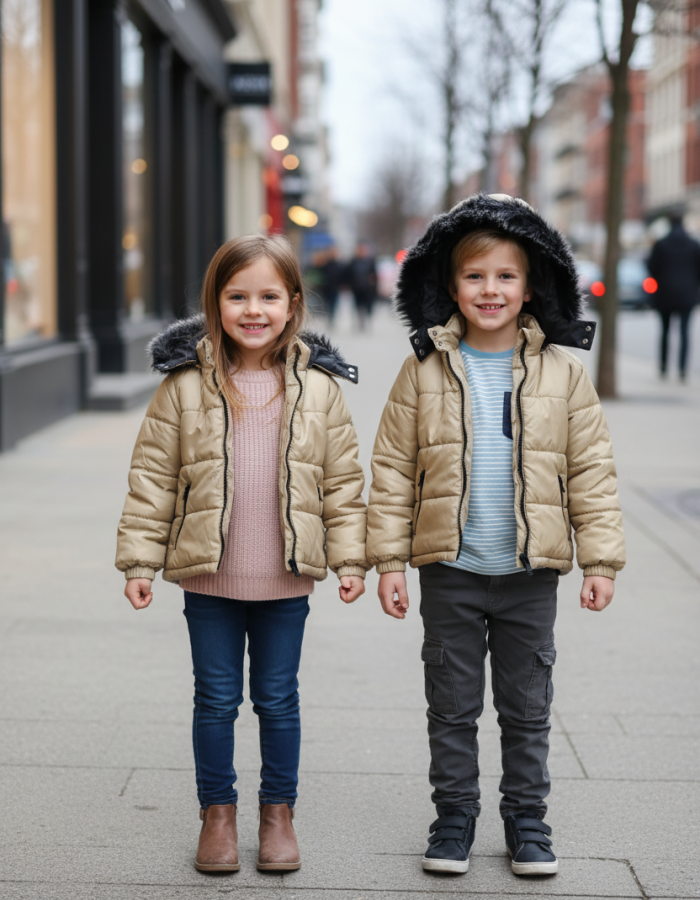 Mit Fell gefütterte Dacron-Pufferjacke für Kinder 5146 - Beige