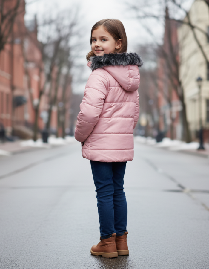 Dacron Puffer Jacket for Kids Fur Lined 5146 - pink