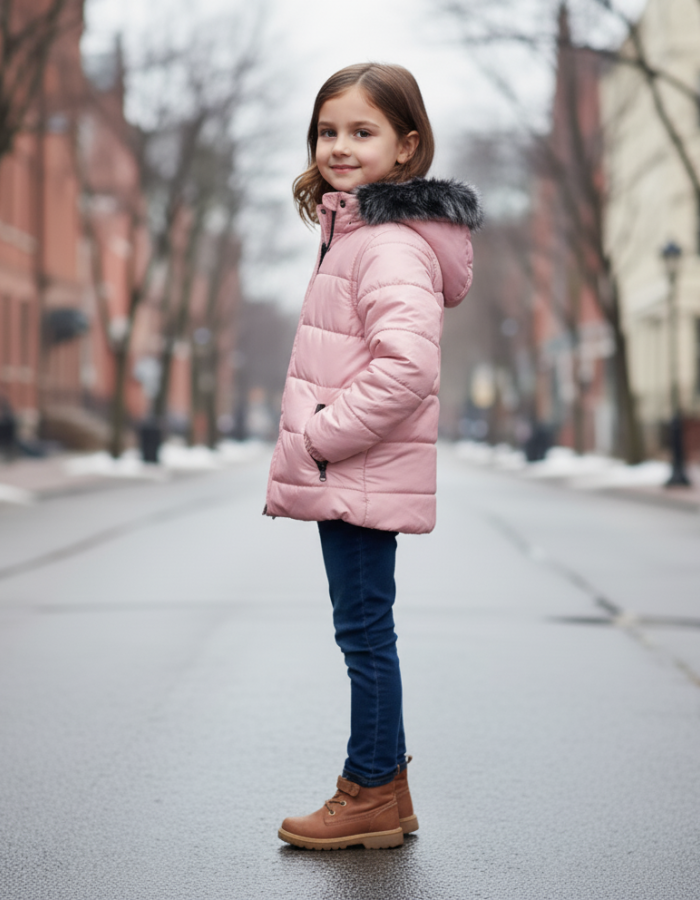 Dacron Puffer Jacket for Kids Fur Lined 5146 - pink