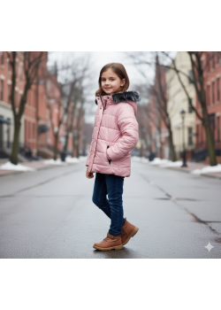 جاكيت نفخ ديكون للأطفال مبطن فرو 5146 - زهر