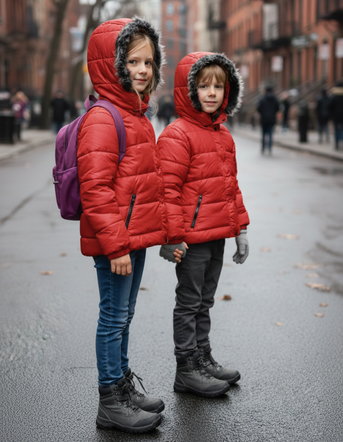 Mit Fell gefütterte Dacron-Pufferjacke für Kinder 5146 - Rot