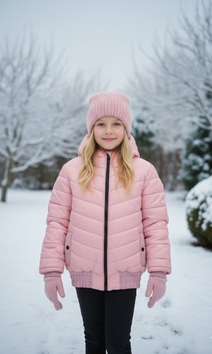 جاكيت نفخ مطري مبطن فرو للأطفال 5149 - زهر