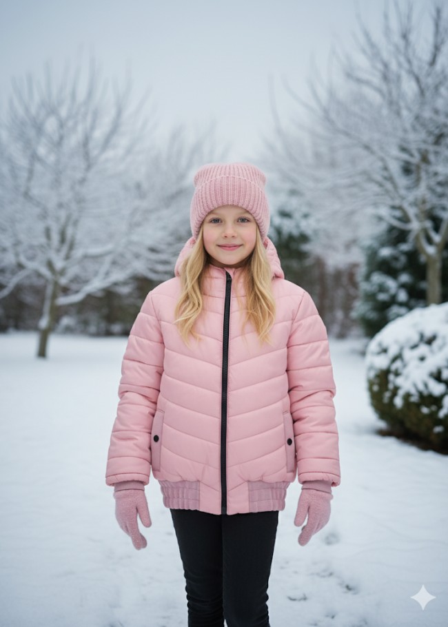 جاكيت نفخ مطري مبطن فرو للأطفال 5149 - زهر