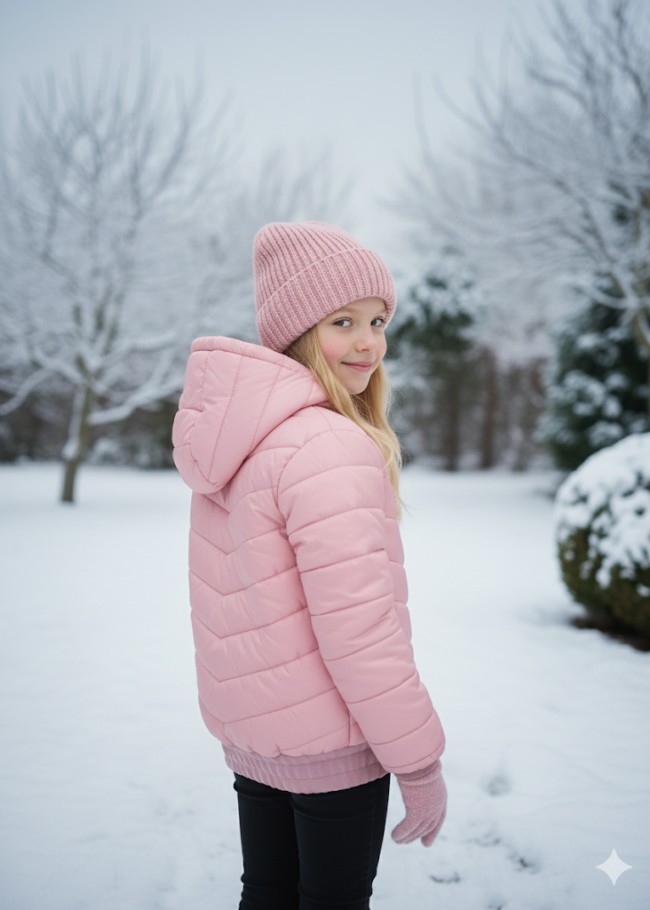 جاكيت نفخ مطري مبطن فرو للأطفال 5149 - زهر