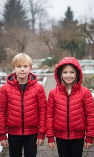 جاكيت نفخ مطري مبطن فرو للأطفال 5149 - احمر