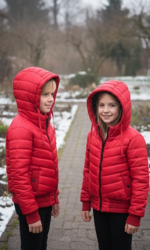 جاكيت نفخ مطري مبطن فرو للأطفال 5149 - احمر