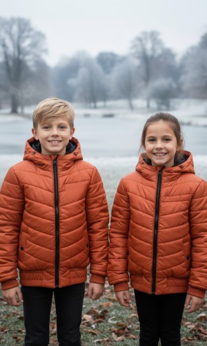 جاكيت نفخ مطري مبطن فرو للأطفال 5149 - قرميدي