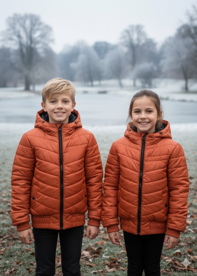 جاكيت نفخ مطري مبطن فرو للأطفال 5149 - قرميدي