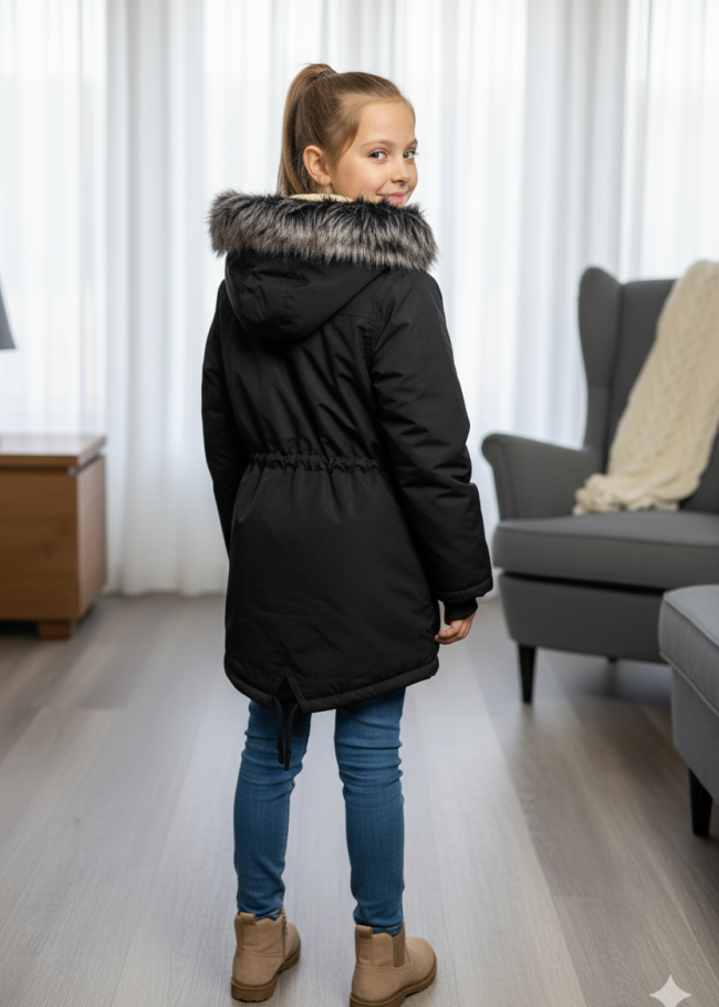 جاكيت كتان للأطفال مبطن فرو 5136 - اسود