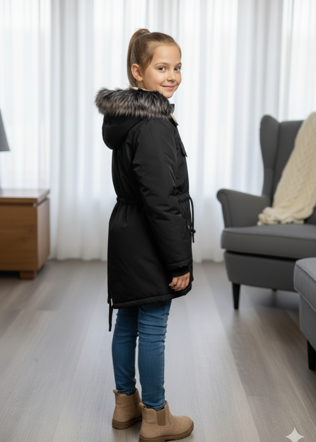 جاكيت كتان للأطفال مبطن فرو 5136 - اسود
