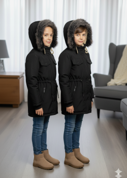 جاكيت كتان للأطفال مبطن فرو 5136 - اسود