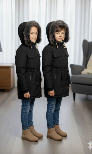 جاكيت كتان للأطفال مبطن فرو 5136 - اسود