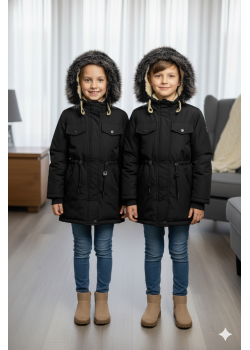 جاكيت كتان للأطفال مبطن فرو 5136 - اسود