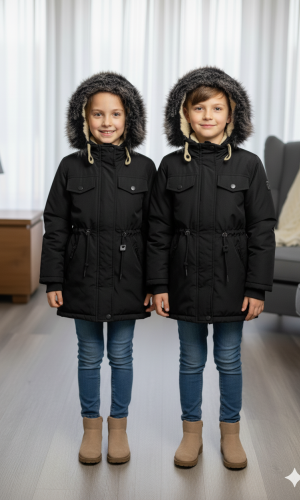 جاكيت كتان للأطفال مبطن فرو 5136 - اسود