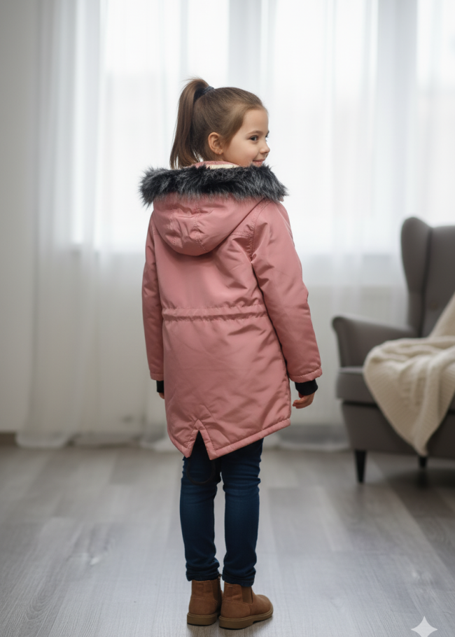 جاكيت كتان للأطفال مبطن فرو 5136 - زهر