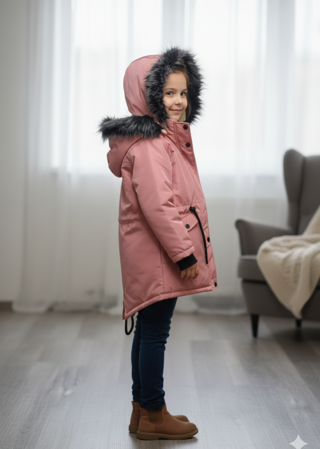 جاكيت كتان للأطفال مبطن فرو 5136 - زهر