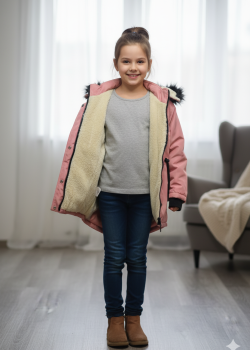 جاكيت كتان للأطفال مبطن فرو 5136 - زهر