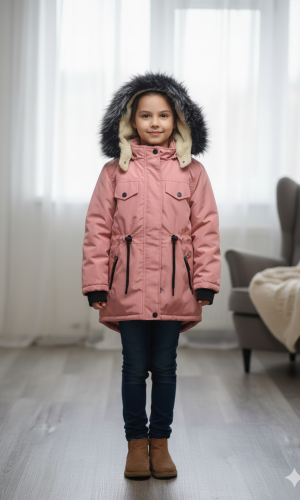 جاكيت كتان للأطفال مبطن فرو 5136 - زهر