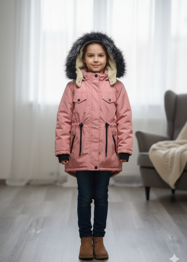 جاكيت كتان للأطفال مبطن فرو 5136 - زهر