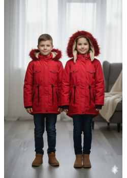 جاكيت كتان للأطفال مبطن فرو 5136 - احمر