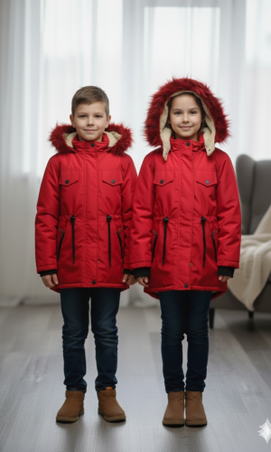 Mit Pelz gefütterte Kinder-Leinenjacke 5136  - Rot