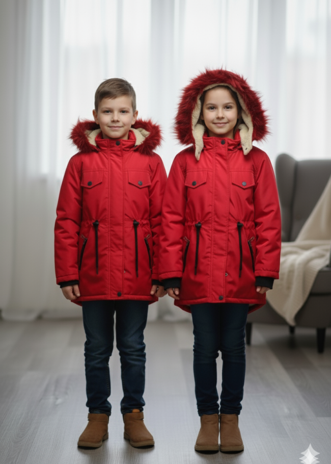 جاكيت كتان للأطفال مبطن فرو 5136 - احمر